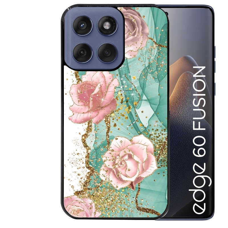 Coque noire taperso pour Moto Edge 60 et Neo Fusion Pro avec motif marbre fleur turquoise protection antichoc personnalisée