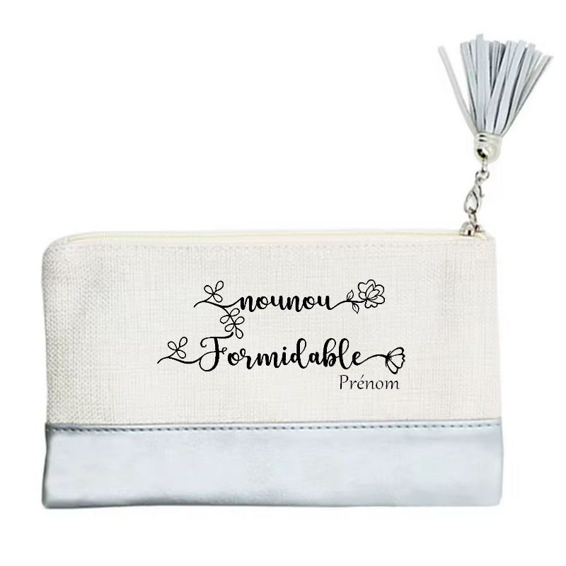 Pochette personnalisée motif nounou formidable en toile et simili cuir personnalisée
