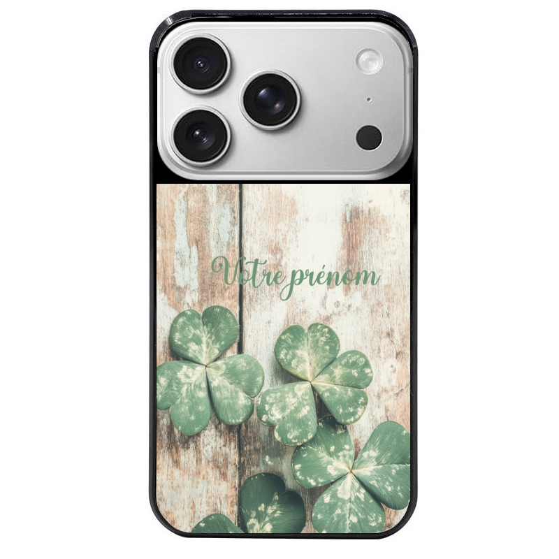 Coque noire taperso pour Iphone 17 17E AIR MAX PRO avec motif bois et trefle personnalisee protection antichoc personnalisée