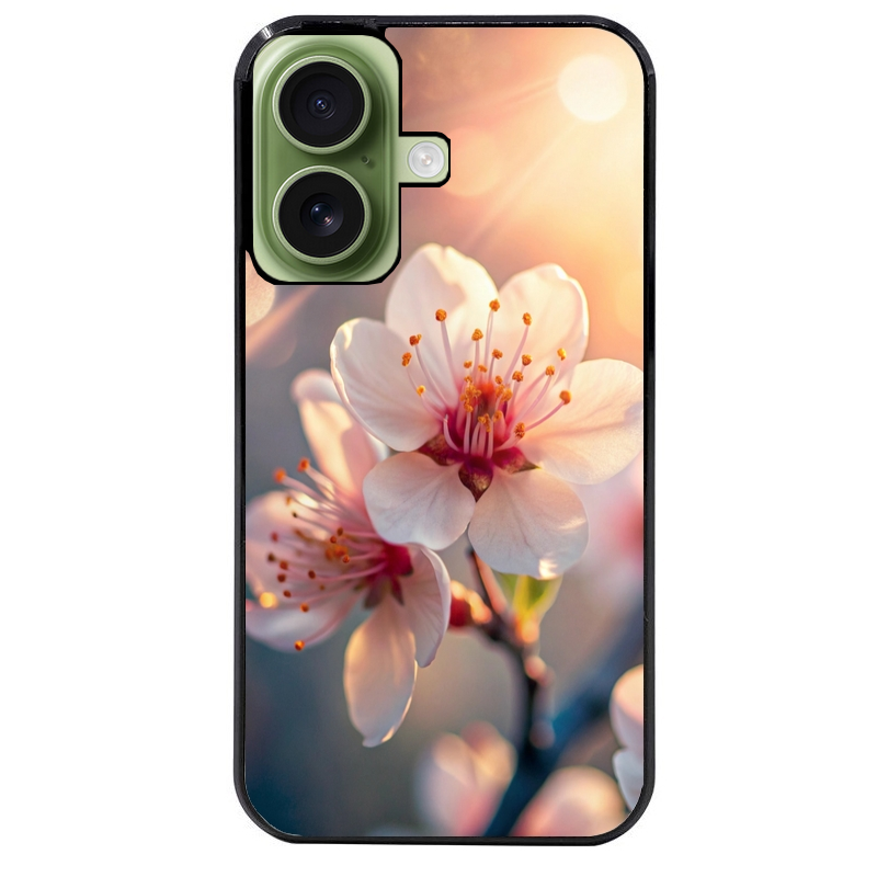 Coque noire taperso pour Iphone 16 16E PLUS MAX PRO avec motif fleur de cerisier protection antichoc personnalisée