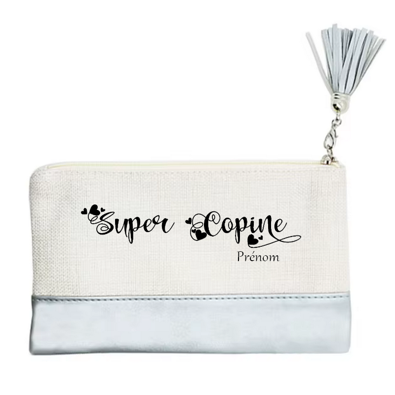 Pochette personnalisée motif super copine en toile et simili cuir personnalisée