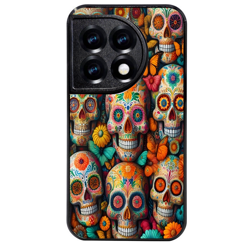 Coque noire taperso pour OnePlus 11 et 12 avec motif mort mexicaine papillon protection antichoc personnalisée