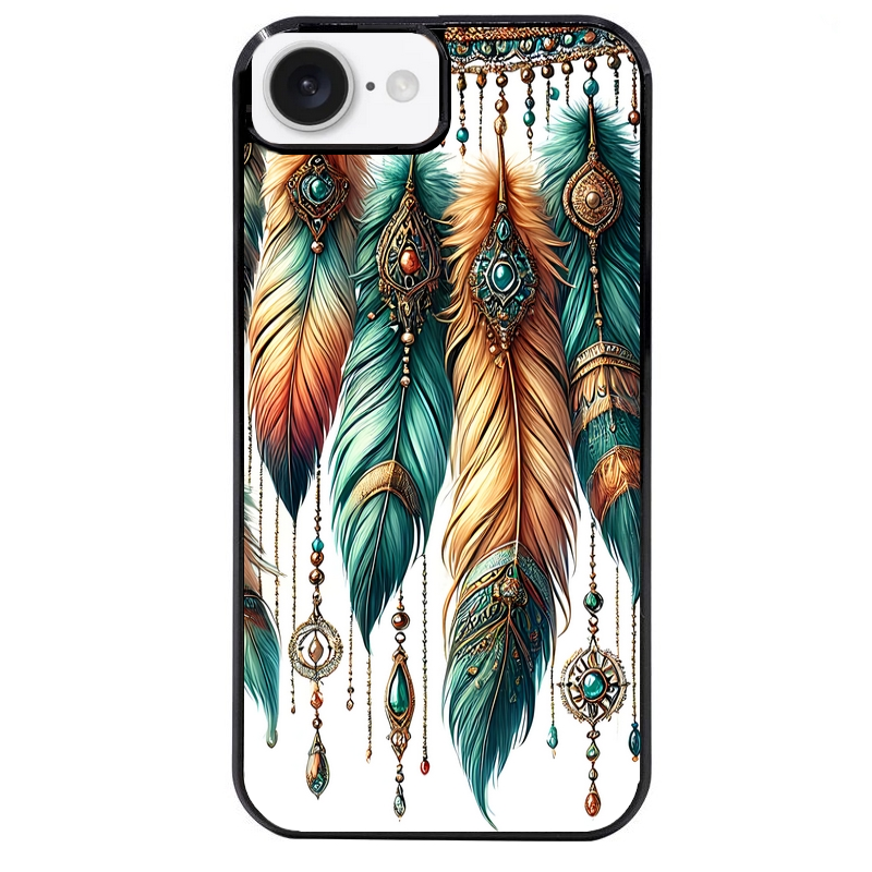 Coque noire taperso pour Iphone 16 16E PLUS MAX PRO avec motif plumes et bijoux protection antichoc personnalisée