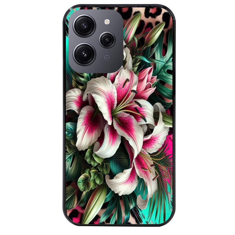 Coque noire taperso pour Redmi 12 4G et 5G avec motif leopard hibiscus protection antichoc personnalisée