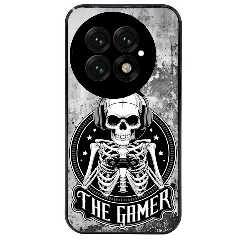 Coque noire taperso pour OnePlus 13 avec motif tete de mort gamer beton protection antichoc personnalisée