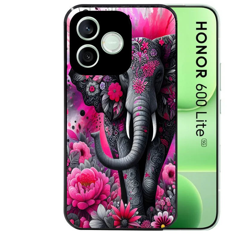 Coque noire pour Honor 600 LITE avec motif elephant et fleurs protection antichoc personnalisée