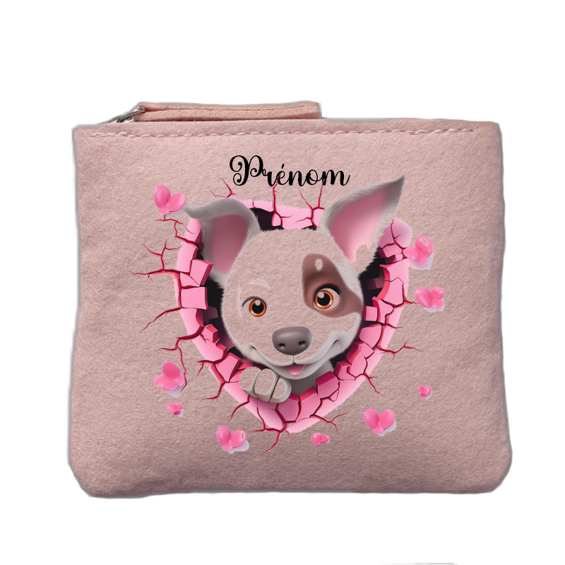 Porte monnaie personnalisé motif chien mignon rose clair en feutrine en feutrine