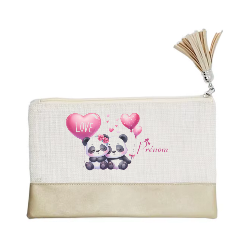 Pochette personnalisée motif panda love en toile et simili cuir personnalisée