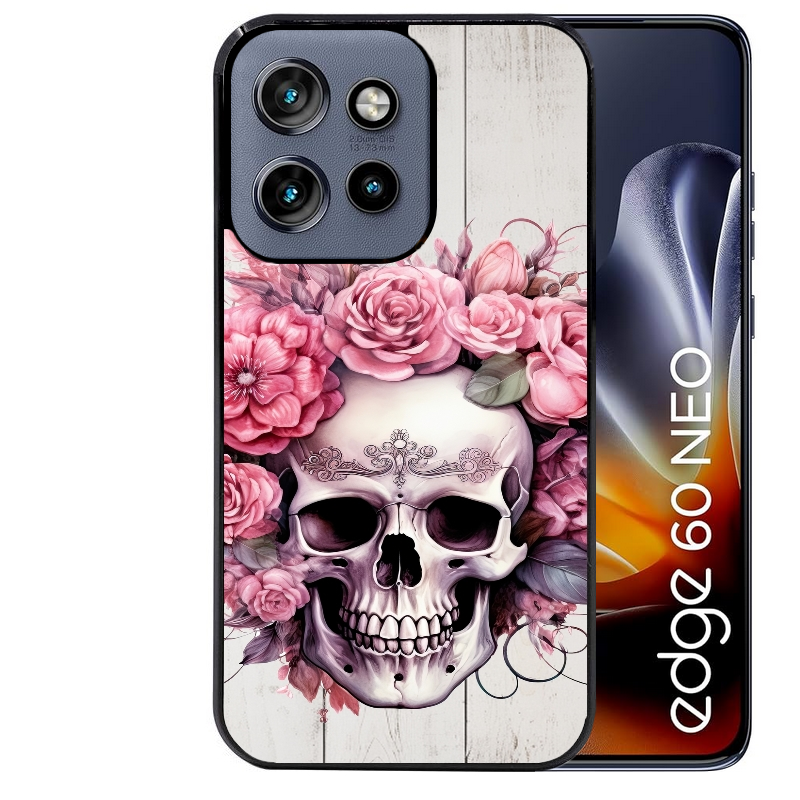 Coque noire taperso pour Moto Edge 60 et Neo Fusion Pro avec motif tete de mort floral protection antichoc personnalisée