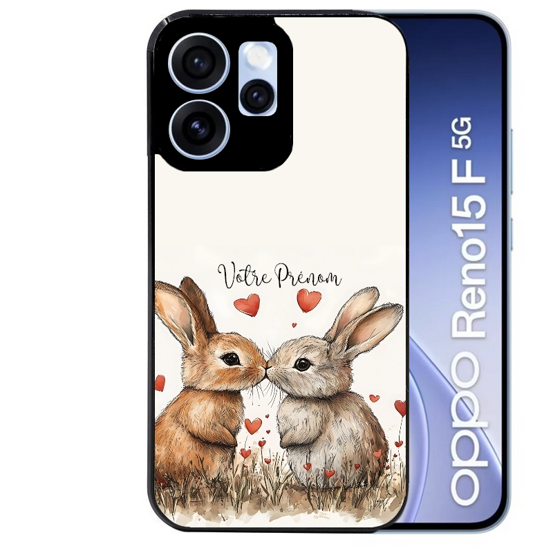 Coque noire taperso pour OPPO Reno 15 et F FS 5G avec motif lapin coeur avec prenom protection antichoc personnalisée