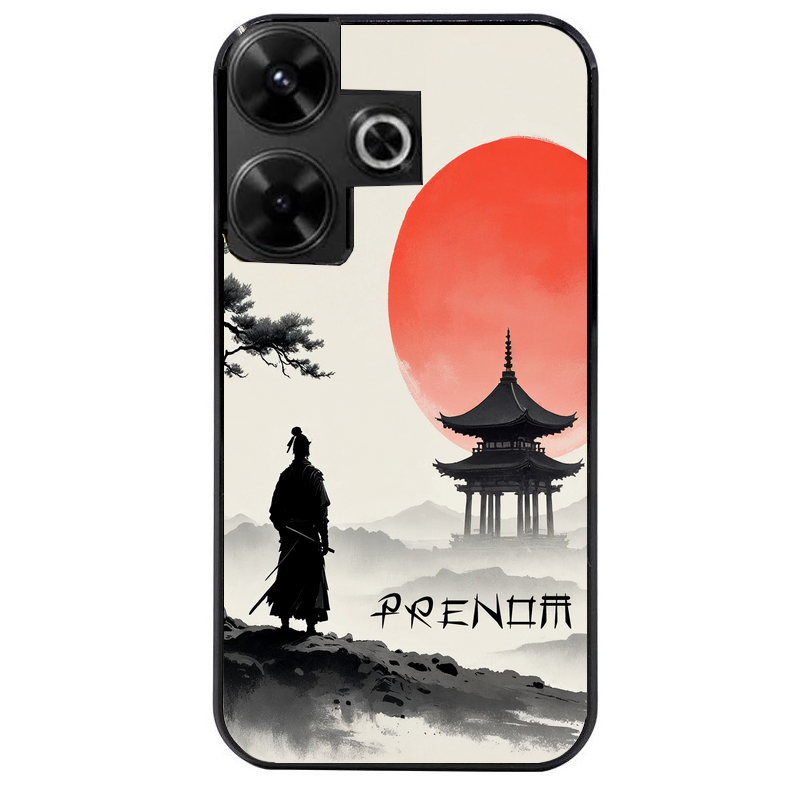 Coque noire taperso pour POCO M6 4G avec motif samourai et temple personnalisee protection antichoc personnalisée