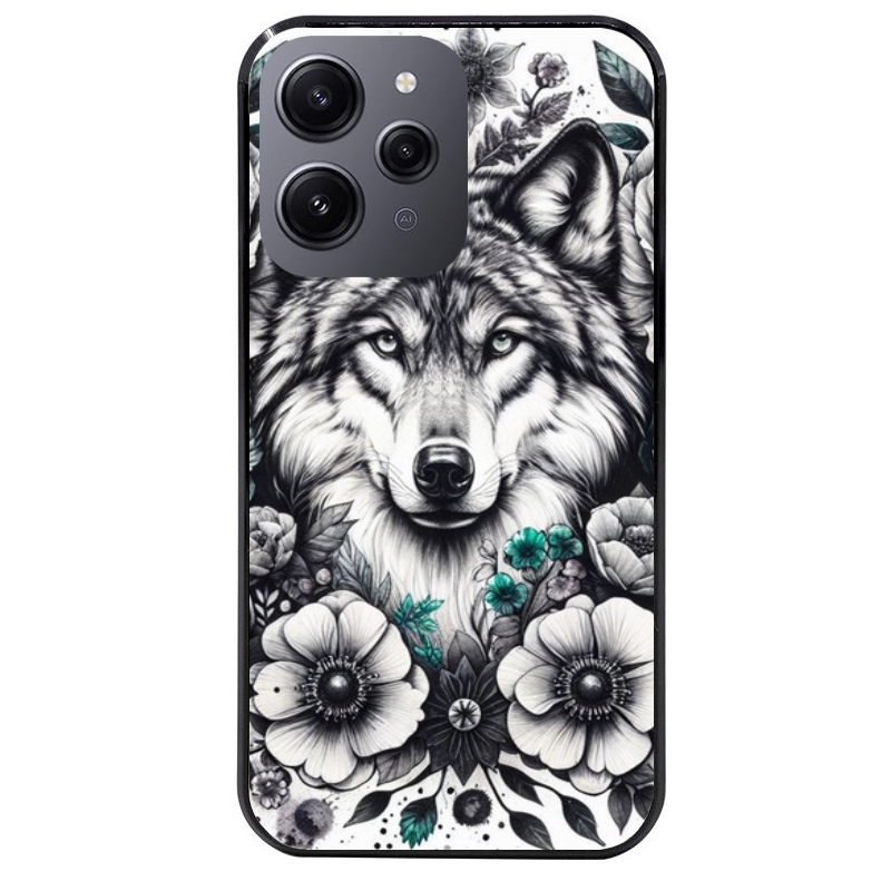 Coque noire taperso pour Redmi 12 4G et 5G avec motif loup et fleur protection antichoc personnalisée