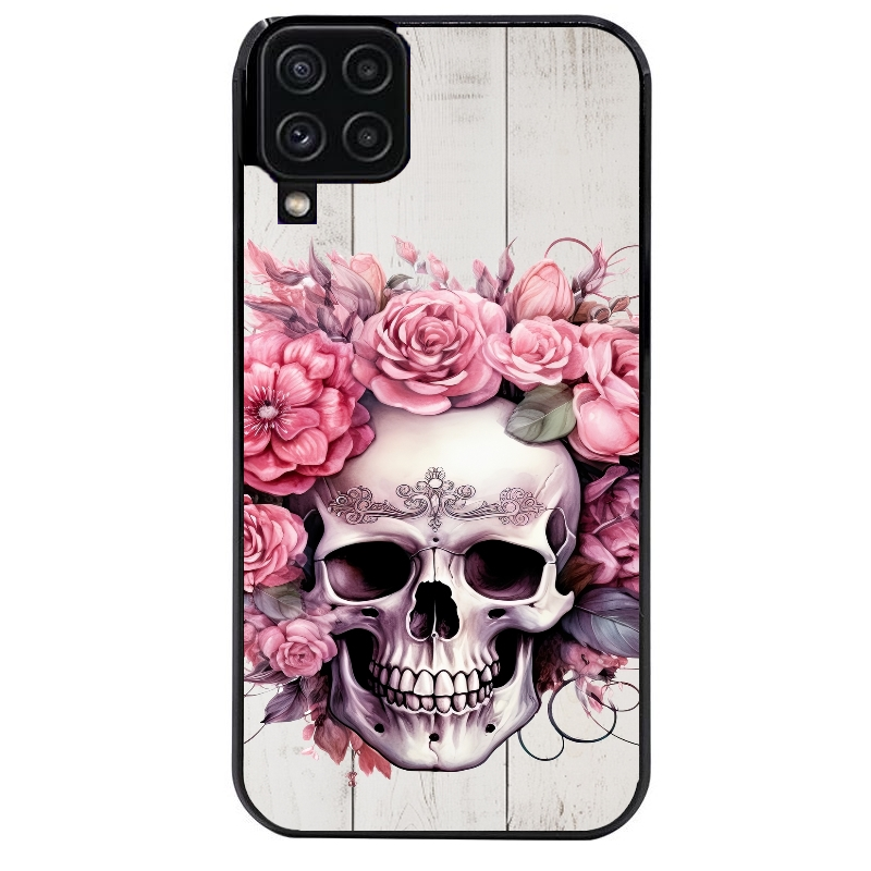 Coque noire taperso pour galaxy A22 A32 A52 A52S 4G 5G  avec motif tete de mort floral protection antichoc personnalisée