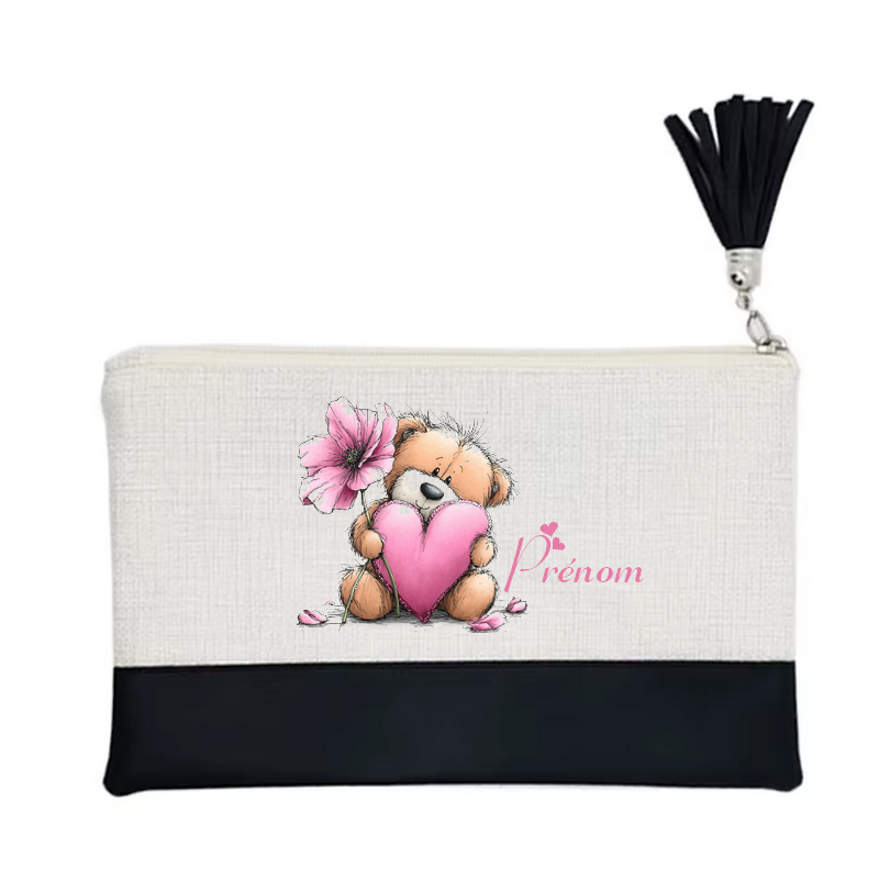 Pochette personnalisée motif ourson fleur en toile et simili cuir personnalisée