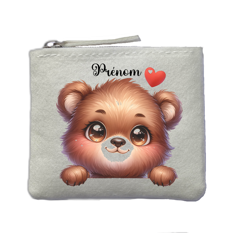Porte monnaie personnalisé ourson coeur ivoire en feutrine en feutrine ivoire