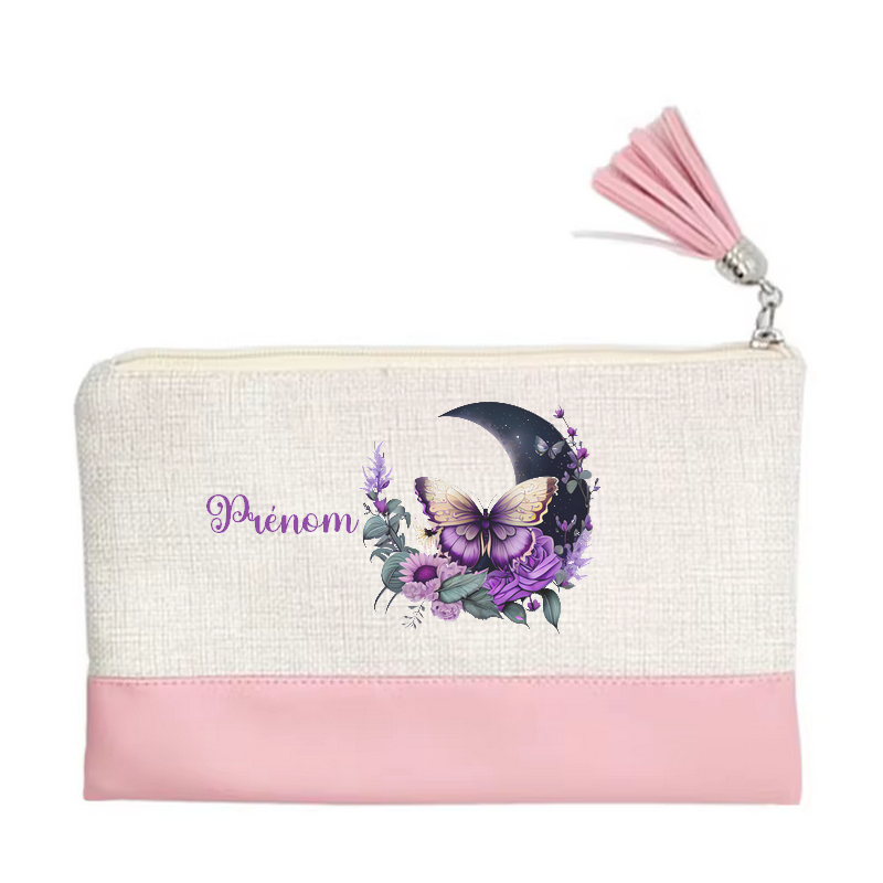 Pochette personnalisée motif papillon lune en toile et simili cuir personnalisée