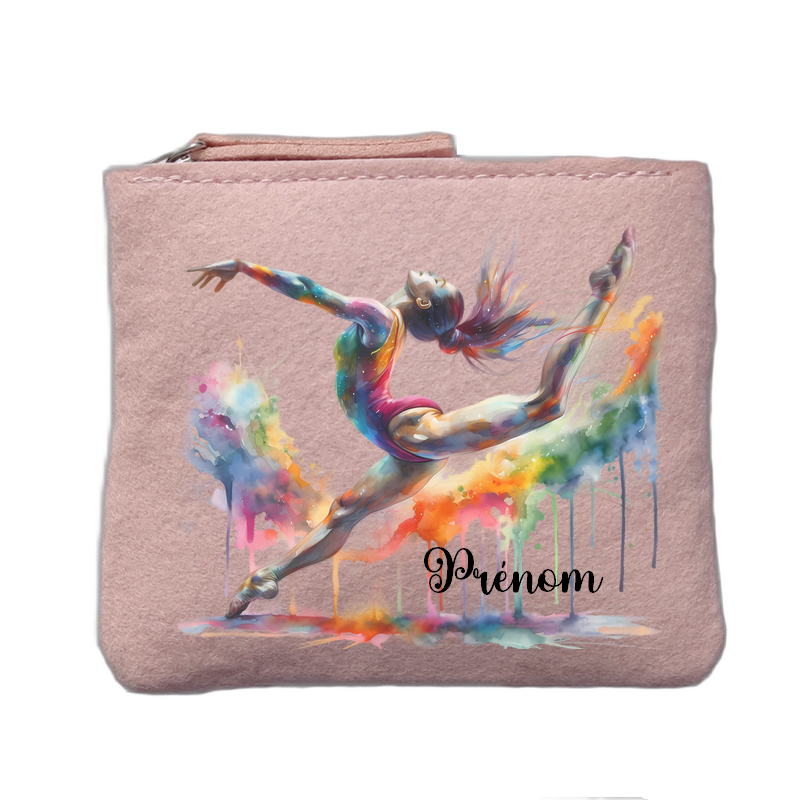 Porte monnaie personnalisé motif gym danse rose clair en feutrine en feutrine