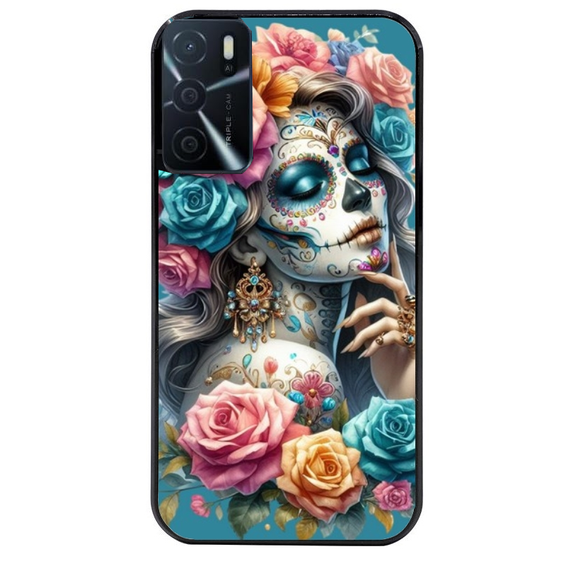 Coque noire taperso pour OPPO A16 et A16S avec motif tete de mort calavera bleu protection antichoc personnalisée