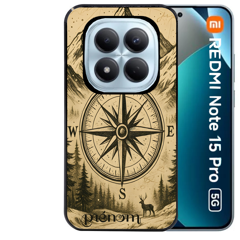 Coque noire taperso pour Redmi Note 15 et PRO PLUS 4G 5G avec motif voyage et boussole protection antichoc personnalisée