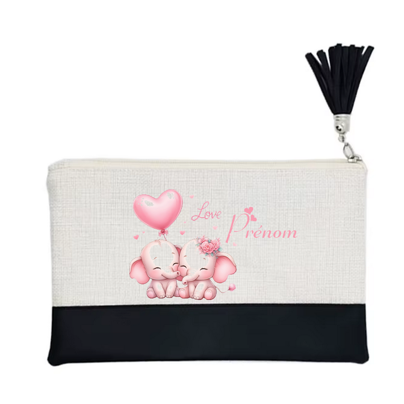 Pochette personnalisée motif elephant love en toile et simili cuir personnalisée
