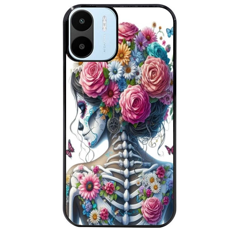 Coque noire taperso pour Redmi A1 et A2 avec motif tete de mort calavera papillon protection antichoc personnalisée