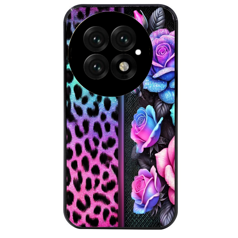 Coque noire taperso pour OnePlus 13 avec motif leopard et fleur protection antichoc personnalisée