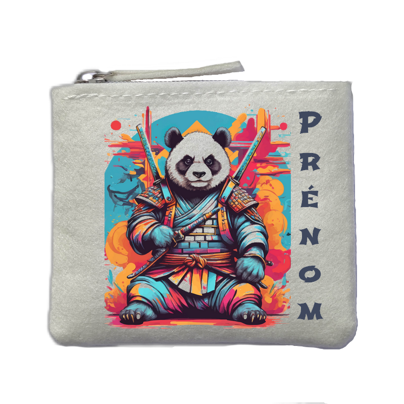 Porte monnaie personnalisé panda katana ivoire en feutrine en feutrine ivoire