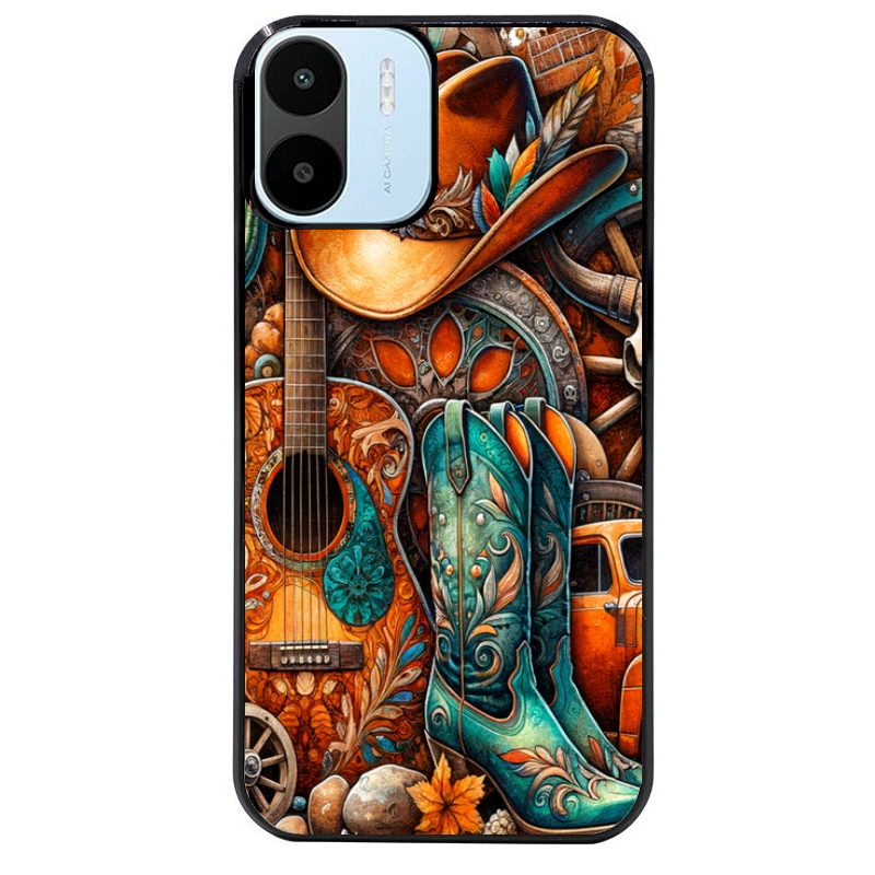 Coque noire taperso pour Redmi A1 et A2 avec motif cow boy et texas automne protection antichoc personnalisée