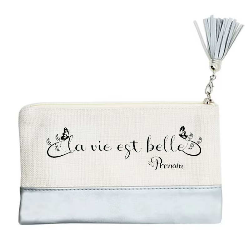 Pochette personnalisée motif la vie est belle en toile et simili cuir personnalisée