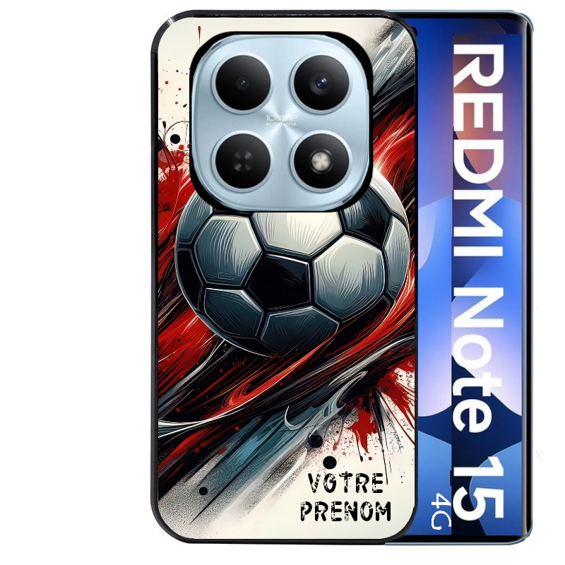 Coque noire taperso pour Redmi Note 15 et PRO PLUS 4G 5G avec motif ballon foot avec prenom protection antichoc personnalisée