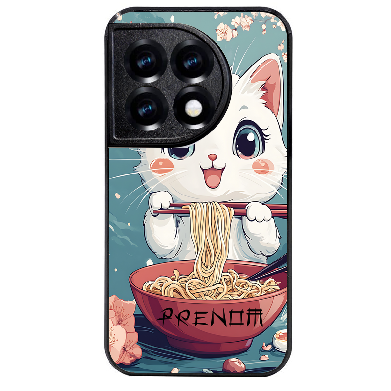 Coque noire taperso pour OnePlus 11 et 12 avec motif chat ramen cerisier protection antichoc personnalisée