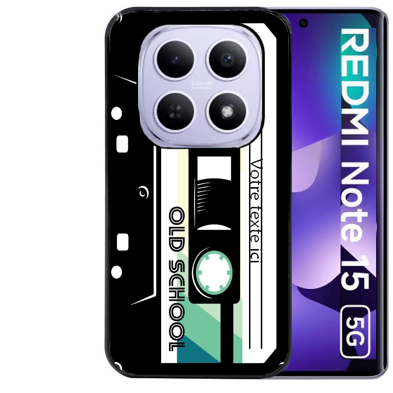 Coque noire taperso pour Redmi Note 15 et PRO PLUS 4G 5G personnalisable avec motif cassette vintage protection antichoc personnalisée