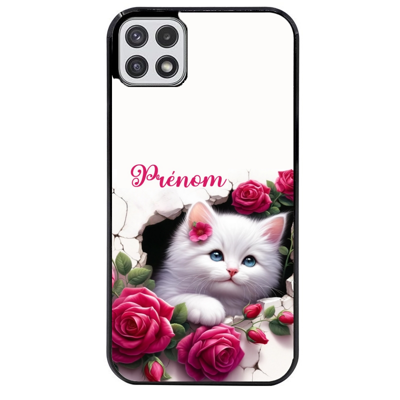 Coque noire taperso pour galaxy A22 A32 A52 A52S 4G 5G  avec motif chat fleurs personnalisee protection antichoc personnalisée