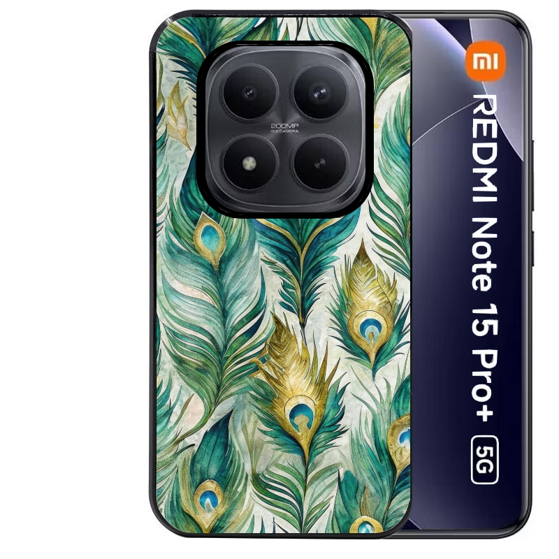 Coque noire taperso pour Redmi Note 15 et PRO PLUS 4G 5G avec motif paon plumes protection antichoc personnalisée