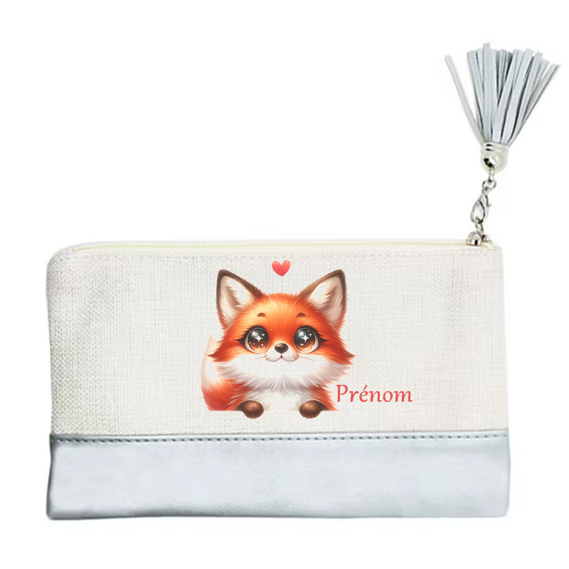 Pochette personnalisée motif fox renard cœur en toile et simili cuir personnalisée