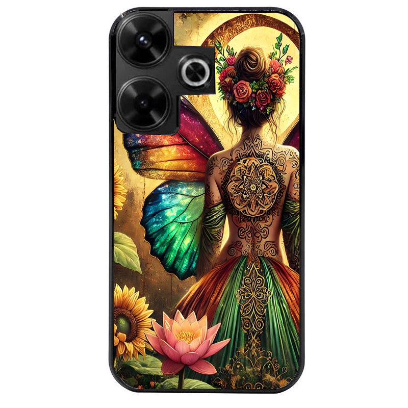 Coque noire taperso pour POCO M6 4G avec motif fee et fleurs protection antichoc personnalisée