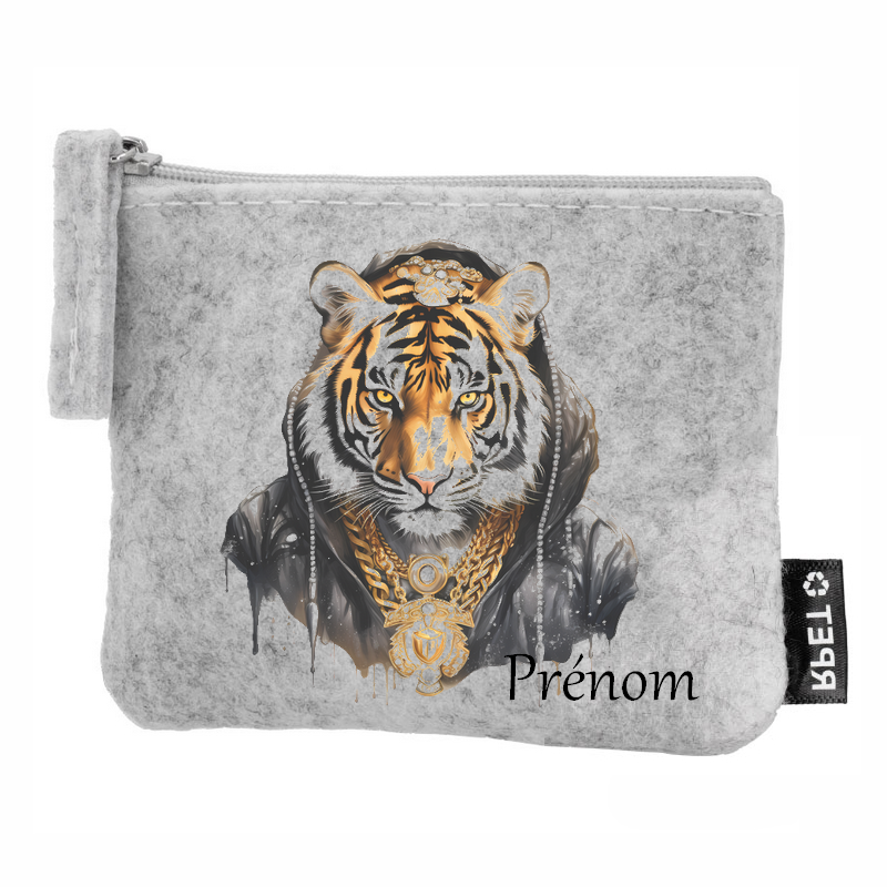 Porte monnaie personnalisé tigre hip hop en feutrine en feutrine