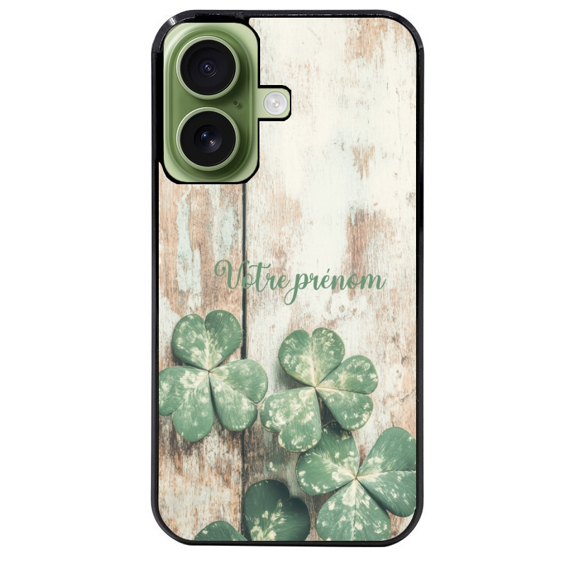Coque noire taperso pour Iphone 16 16E PLUS MAX PRO avec motif bois et trefle personnalisee protection antichoc personnalisée