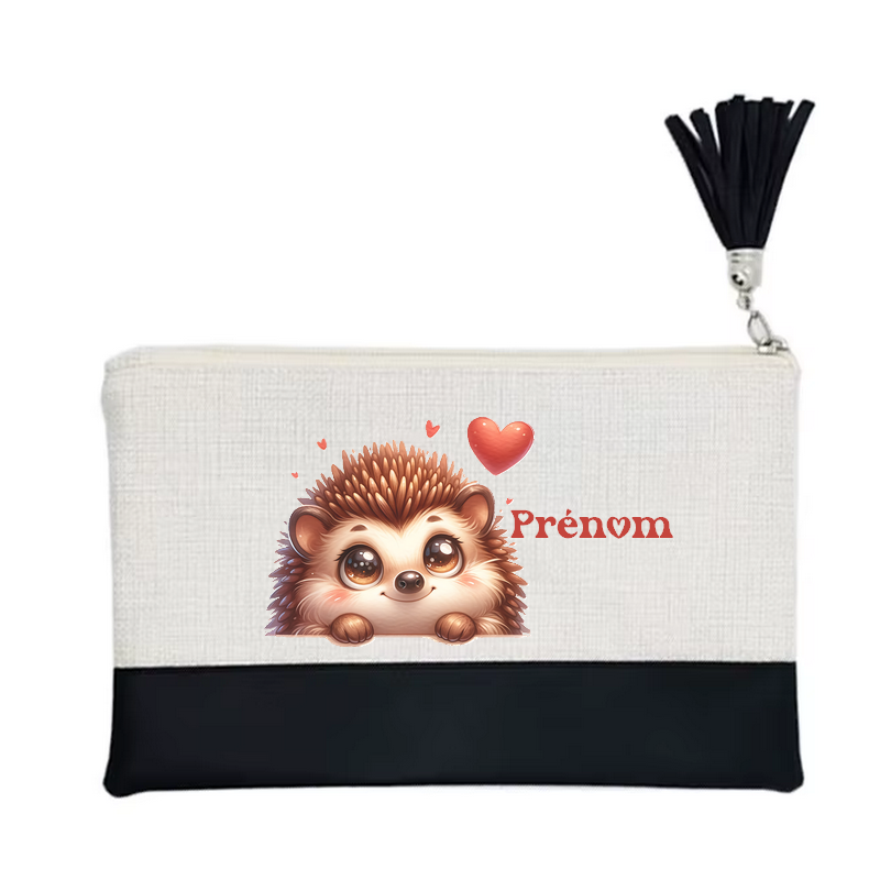 Pochette personnalisée motif herisson cœur en toile et simili cuir personnalisée