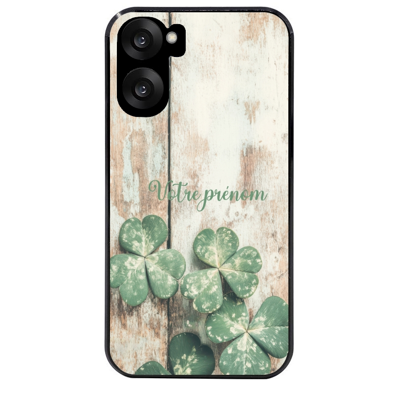 Coque noire taperso pour OnePlus Nord CE5 avec motif bois et trefle personnalisee protection antichoc personnalisée