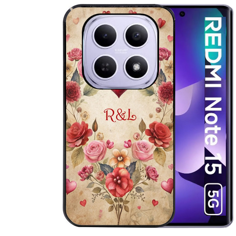 Coque noire taperso pour Redmi Note 15 et PRO PLUS 4G 5G avec motif coeur vintage et initiales personnalisee protection antichoc personnalisée