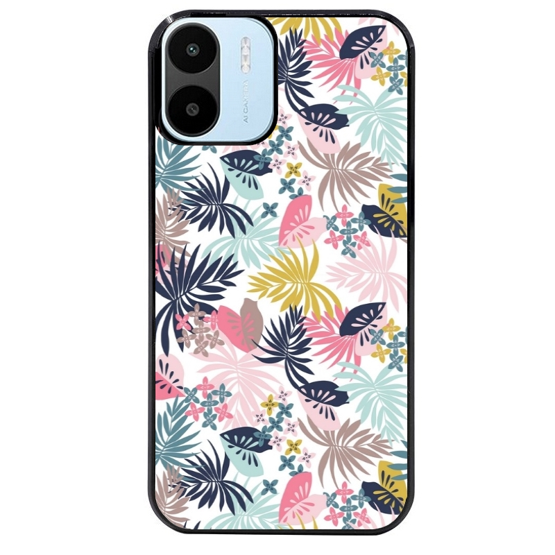 Coque noire taperso pour Redmi A1 et A2 avec motif jungle et fleur rose protection antichoc personnalisée