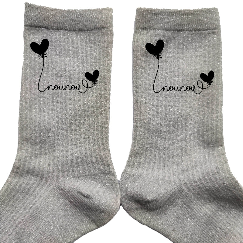 Chaussettes paillettes argent motif nounou et coeur