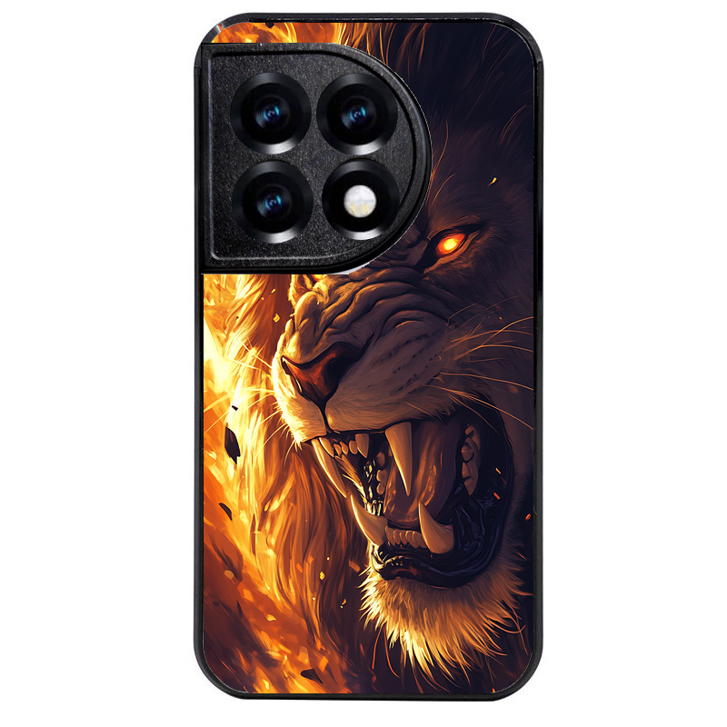 Coque noire taperso pour OnePlus 11 et 12 avec motif lion flamme protection antichoc personnalisée
