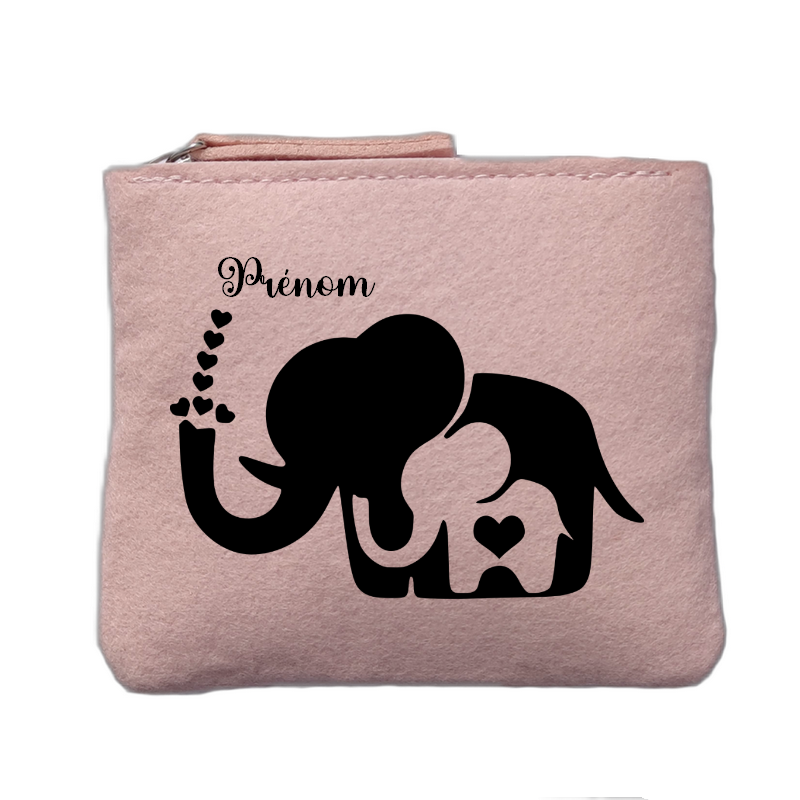 Porte monnaie personnalisé motif elephant maman rose clair en feutrine en feutrine