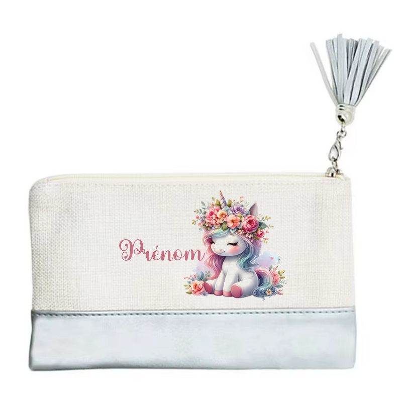 Pochette personnalisée motif licorne fleur en toile et simili cuir personnalisée