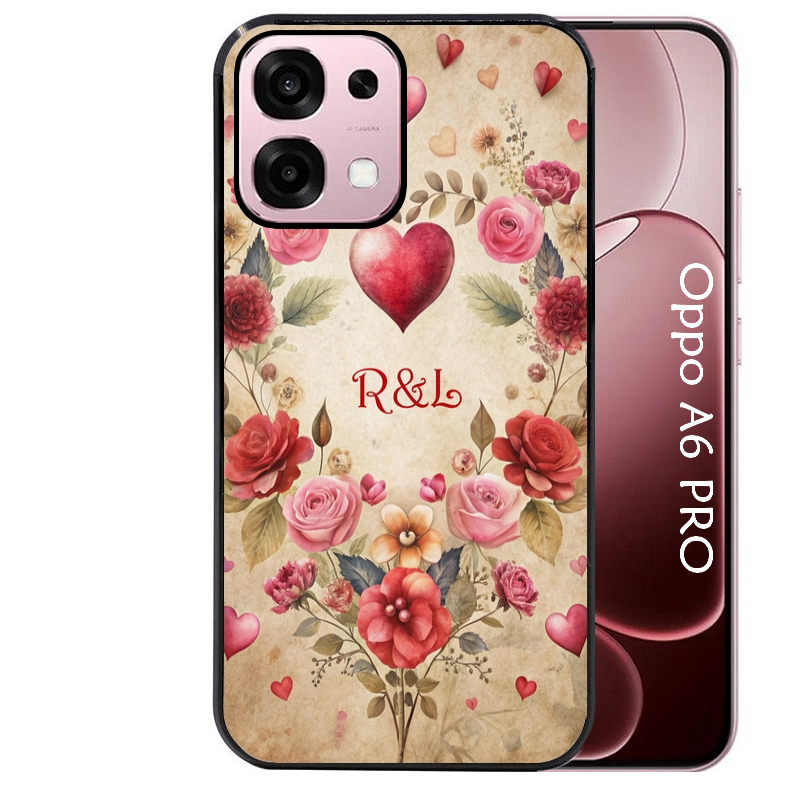 Coque noire taperso pour OPPO A6 PRO 4G et 5G avec motif coeur vintage et initiales personnalisee protection antichoc personnalisée