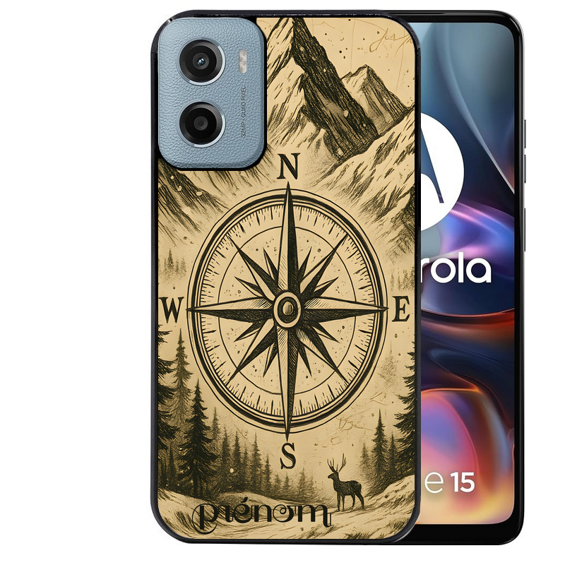 Coque noire taperso pour Moto E13 E14 E15 avec motif voyage et boussole protection antichoc personnalisée