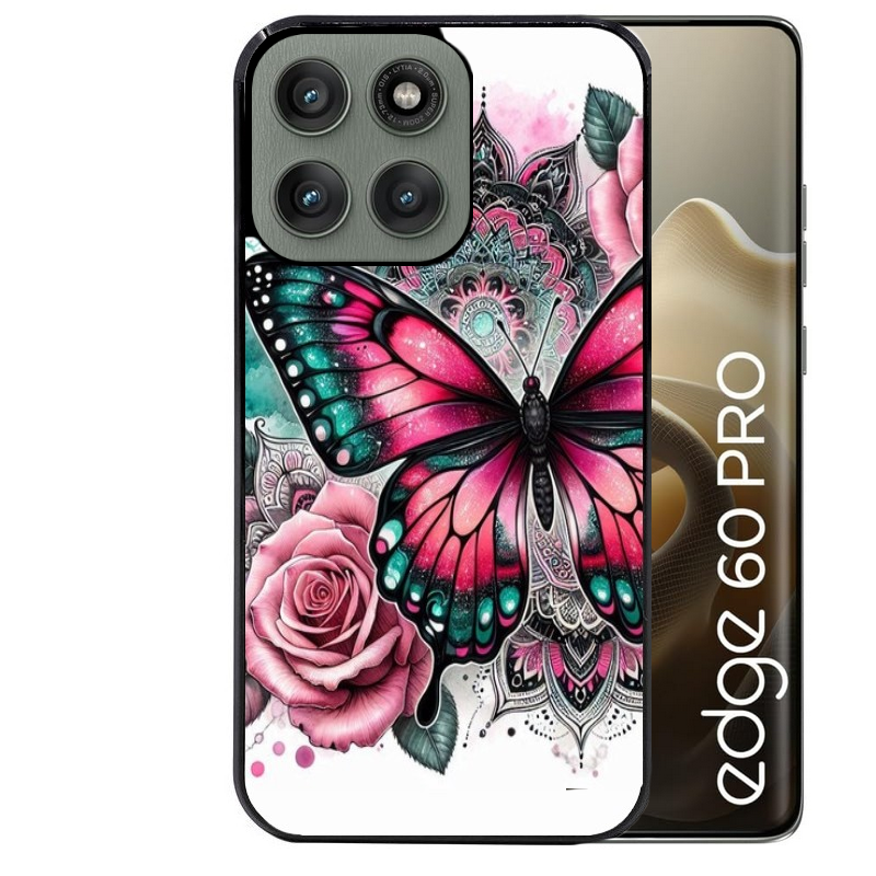 Coque noire taperso pour Moto Edge 60 et Neo Fusion Pro avec motif papillon rose protection antichoc personnalisée