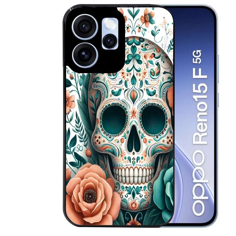 Coque noire taperso pour OPPO Reno 15 et F FS 5G avec motif mort mexicaine turquoise protection antichoc personnalisée